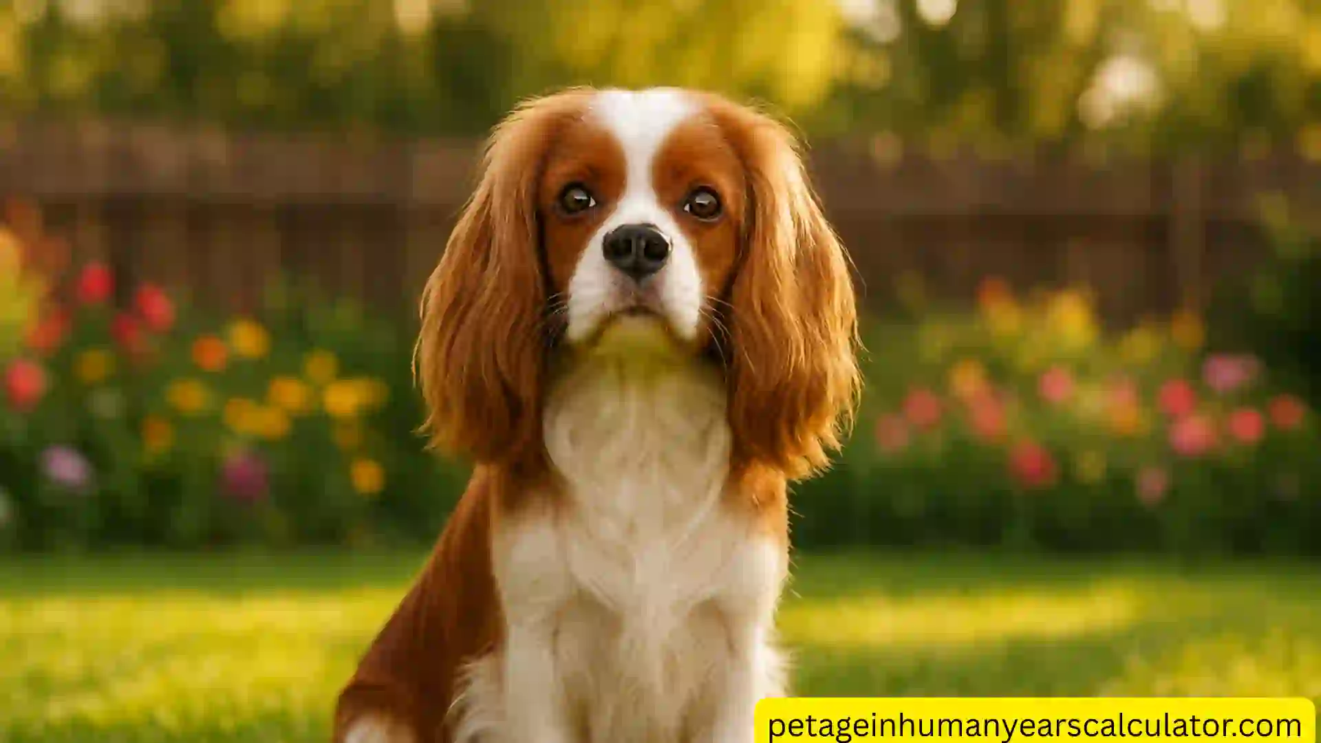 Cavalier King Charles Spaniel sitting on a lush green lawn with silky fur, floppy ears, and expressive eyes in natural outdoor sunlight.
