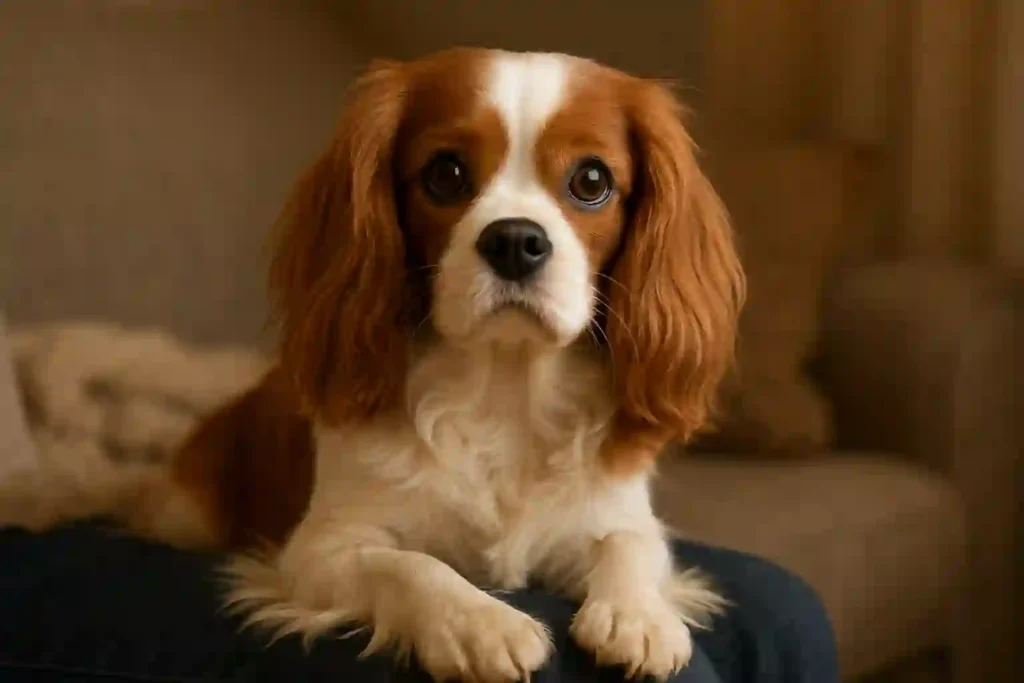 Cavalier King Charles Spaniel hd image sitting in the lap of owner 