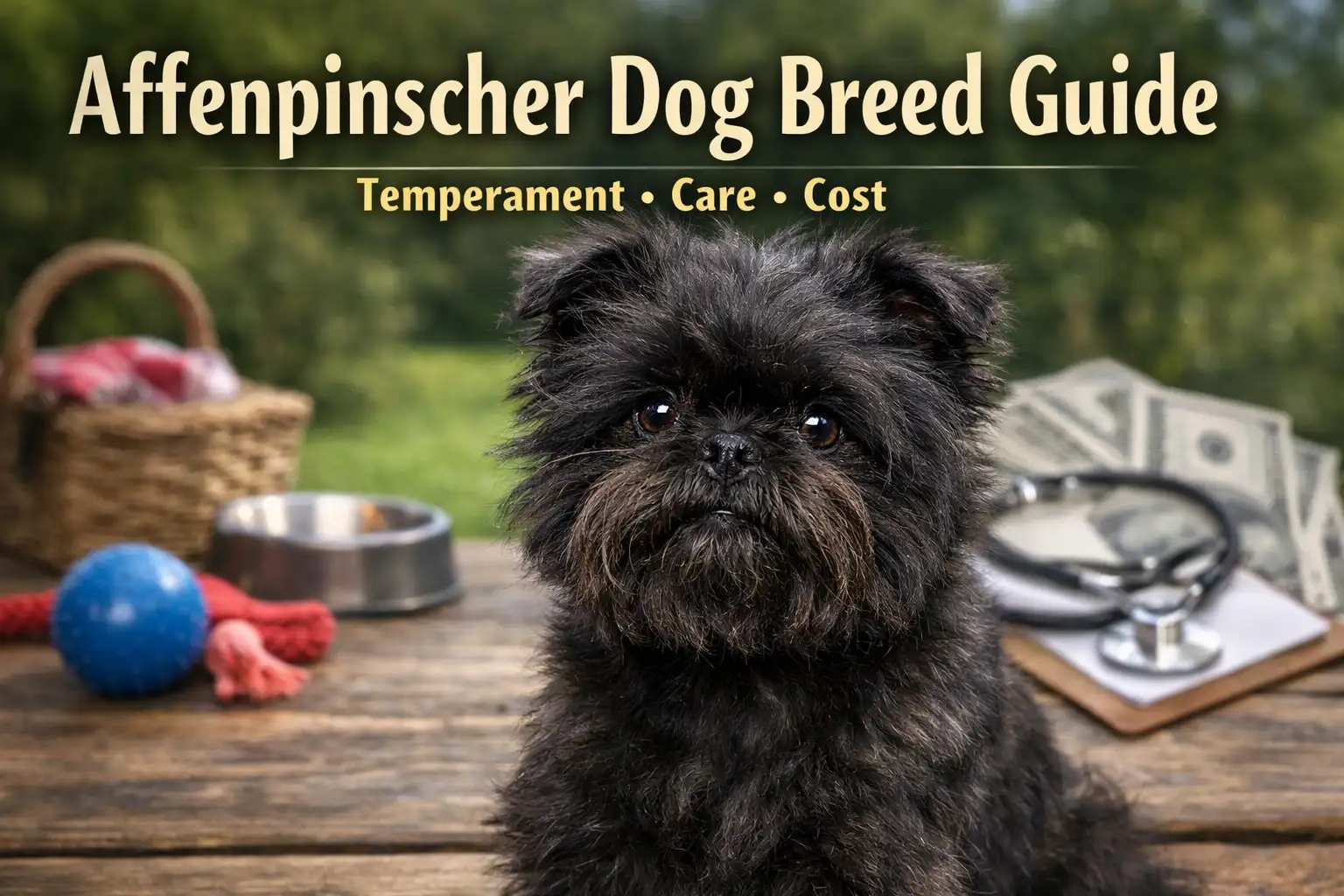 Affenpinscher dog with a scruffy black wiry coat sitting outdoors, showing its small size, expressive face, and playful but alert temperament.