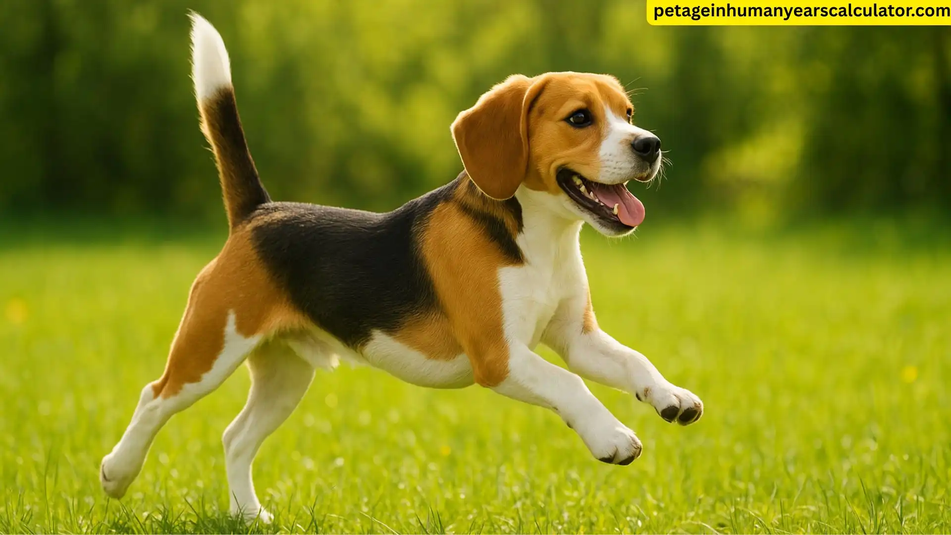 A 1920x1080 wide-angle HD image of a Beagle dog joyfully playing outdoors in daylight, shown away from the camera in a colorful natural environment with green grass, bright sunlight, and a cheerful, realistic setting.