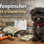 A small black Affenpinscher sitting beside dog supplies, representing Affenpinscher cost, puppy price, and ownership expenses.
