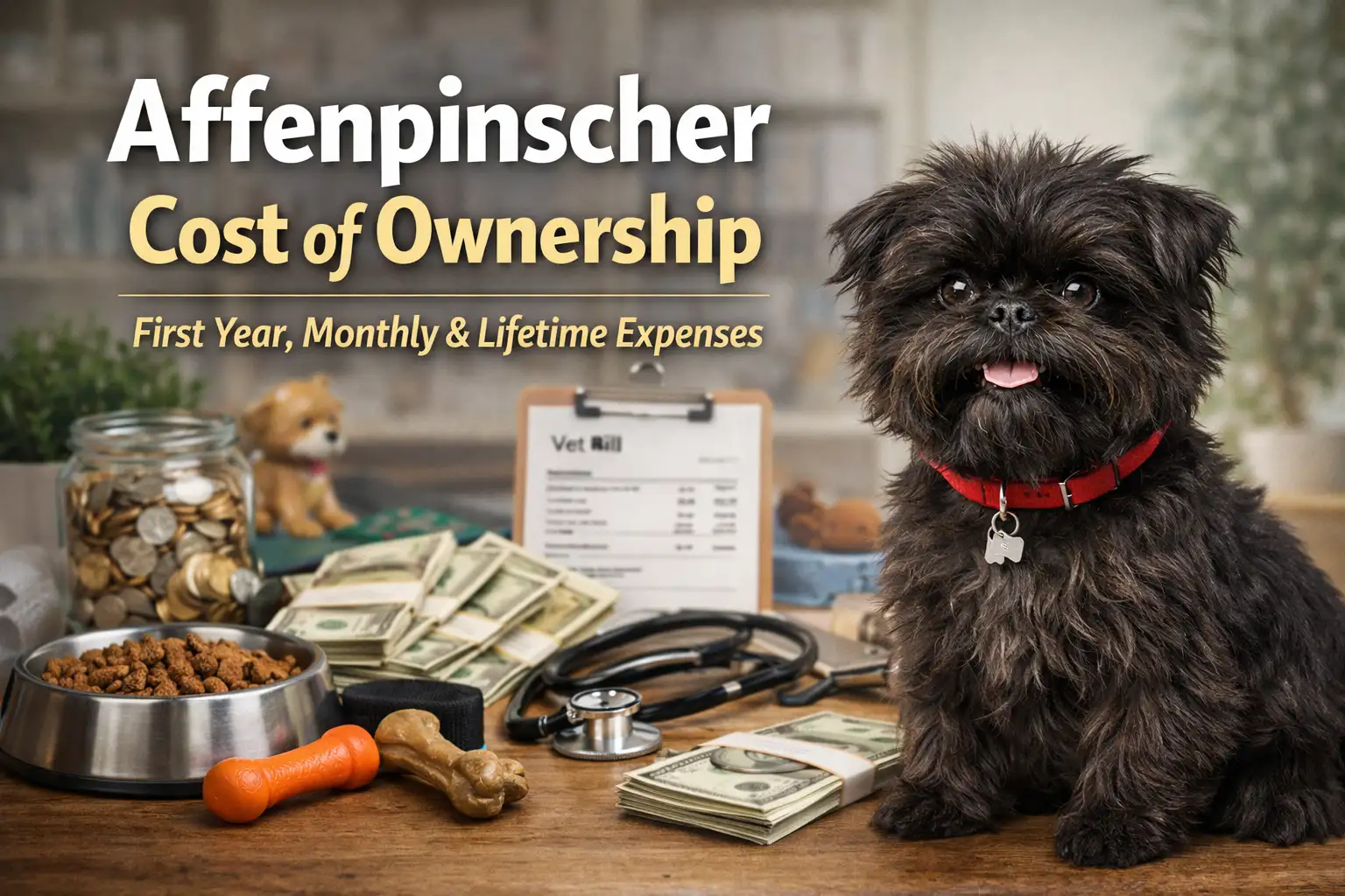 A small black Affenpinscher with a scruffy coat sitting indoors beside dog supplies and cost items, representing Affenpinscher cost of ownership.