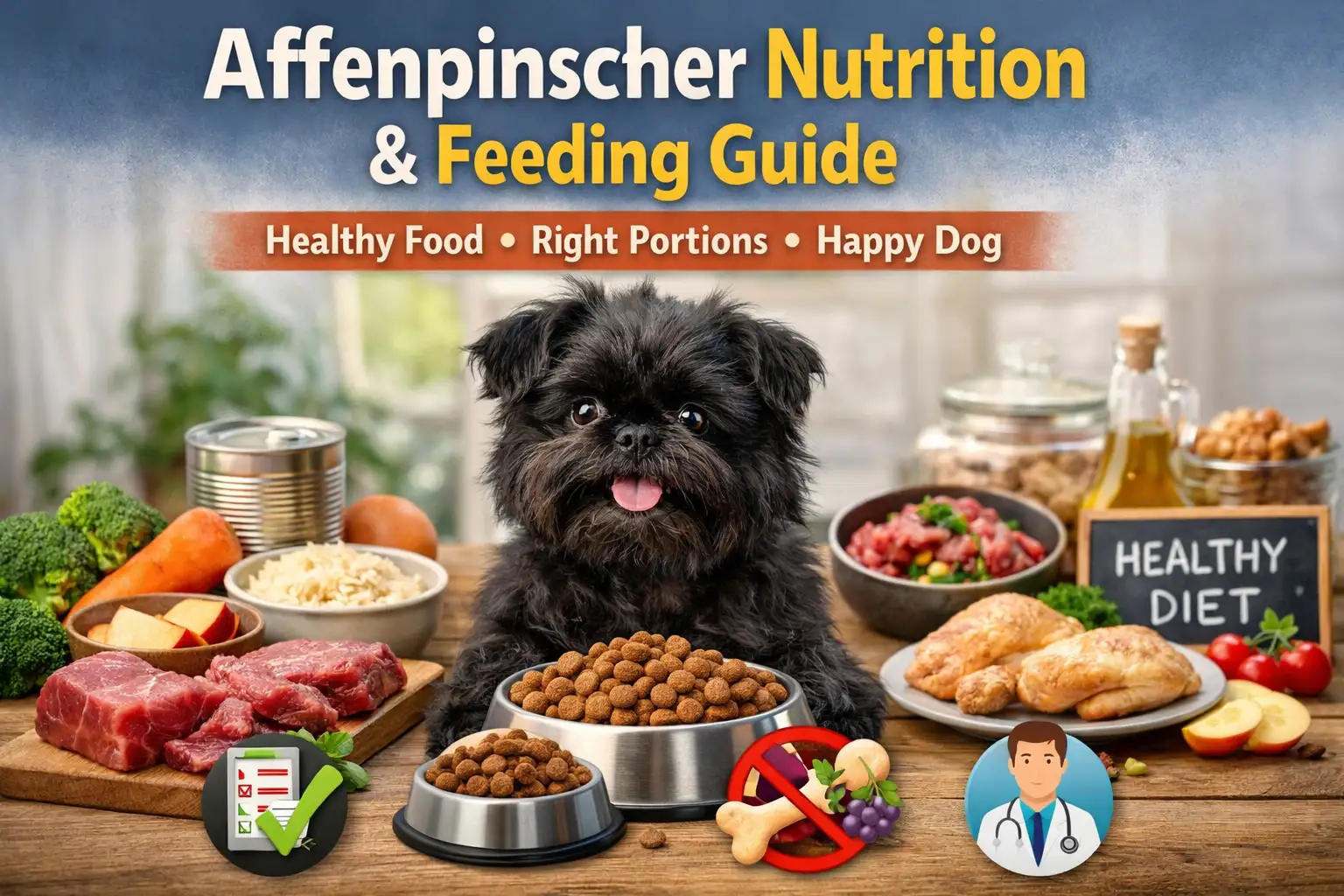 Black Affenpinscher sitting at a table with healthy dog food options, showing a balanced nutrition and feeding concept for small dogs