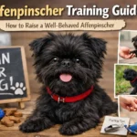 A small black Affenpinscher with a scruffy coat sitting calmly while being trained, showing its playful yet confident temperament.