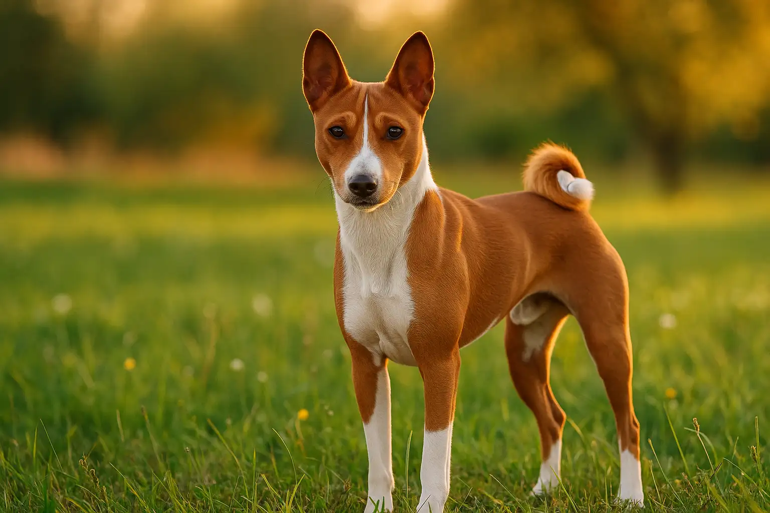 Adult Basenji standing in a grassy field with a short red-and-white coat, used as the main image for a Basenji age calculator guide.
