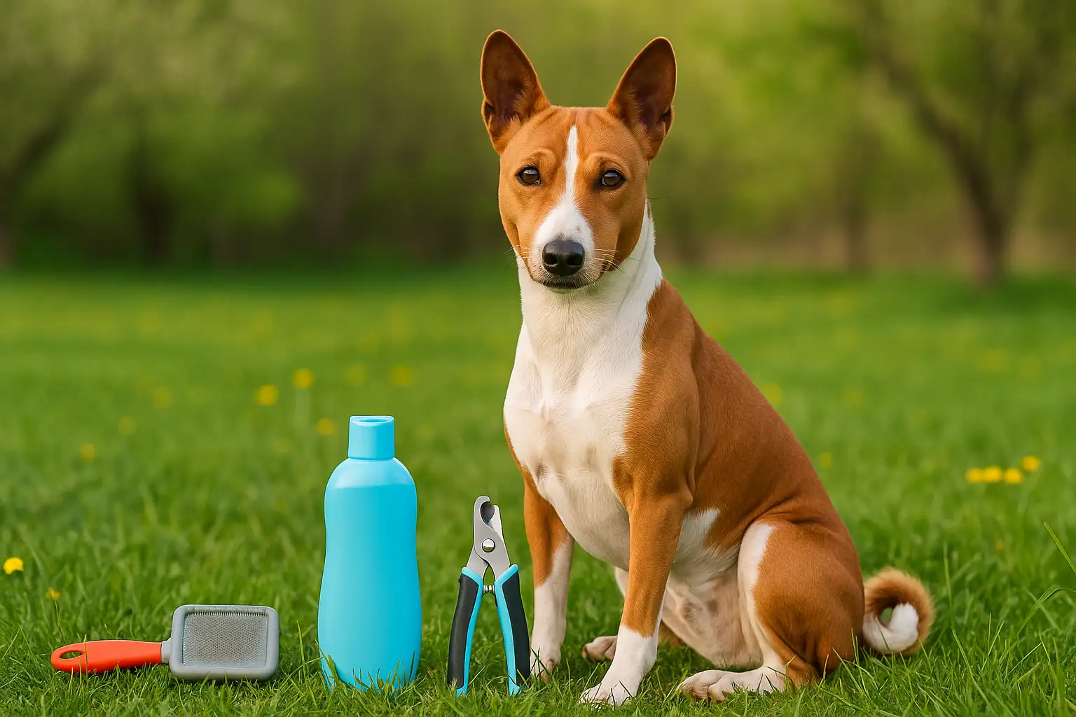 A Basenji sitting on grass beside grooming tools, showing its short, low-shedding coat as part of Basenji grooming basics.