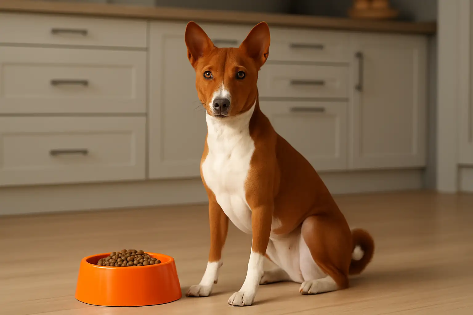 Adult Basenji sitting in a kitchen beside an orange bowl of dog food, representing a healthy Basenji diet and feeding routine.