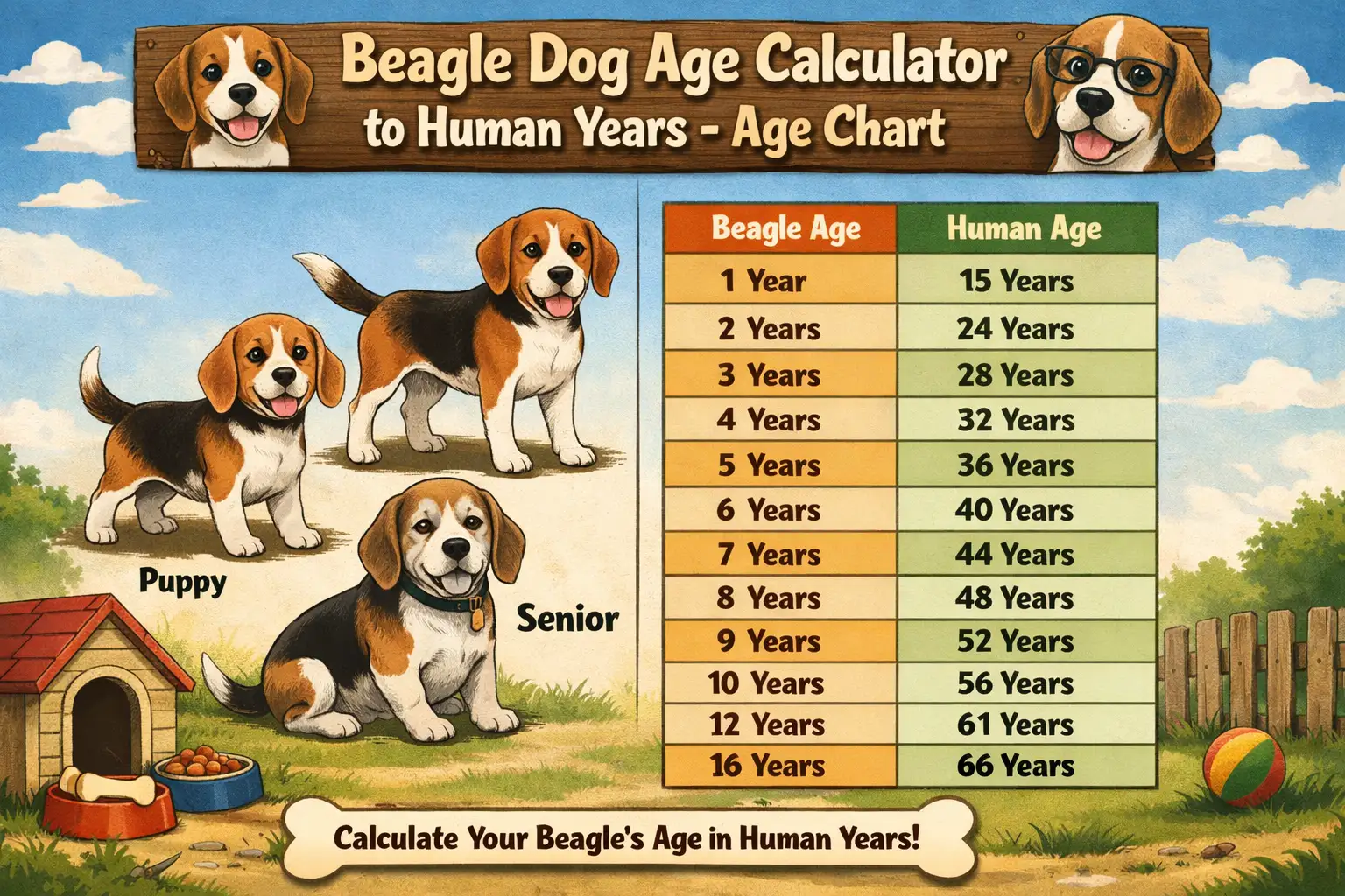 Beagle age calculator showing a beagle dog with an age chart comparing dog years to human years