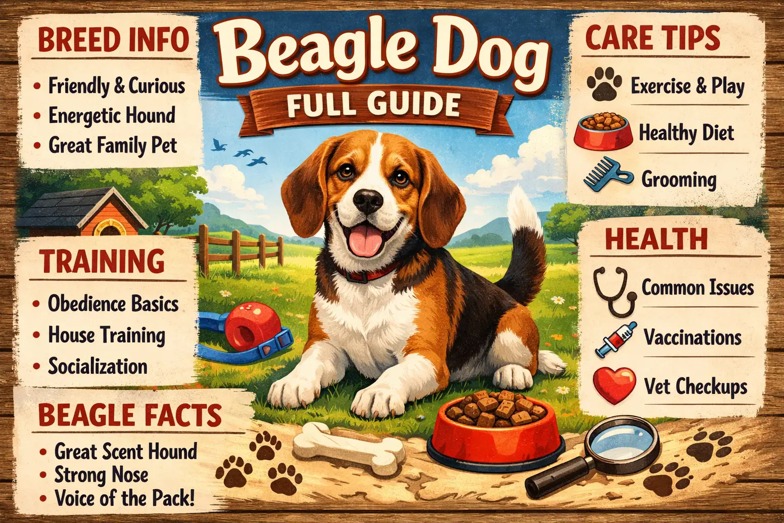 Beagle dog standing outdoors, showing its compact size, floppy ears, and short tricolor coat