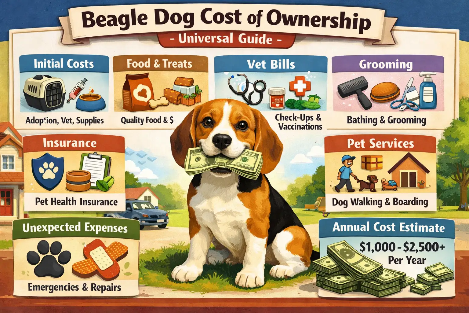 Beagle dog cost of ownership shown with an adult Beagle sitting beside food, vet, and care items at home