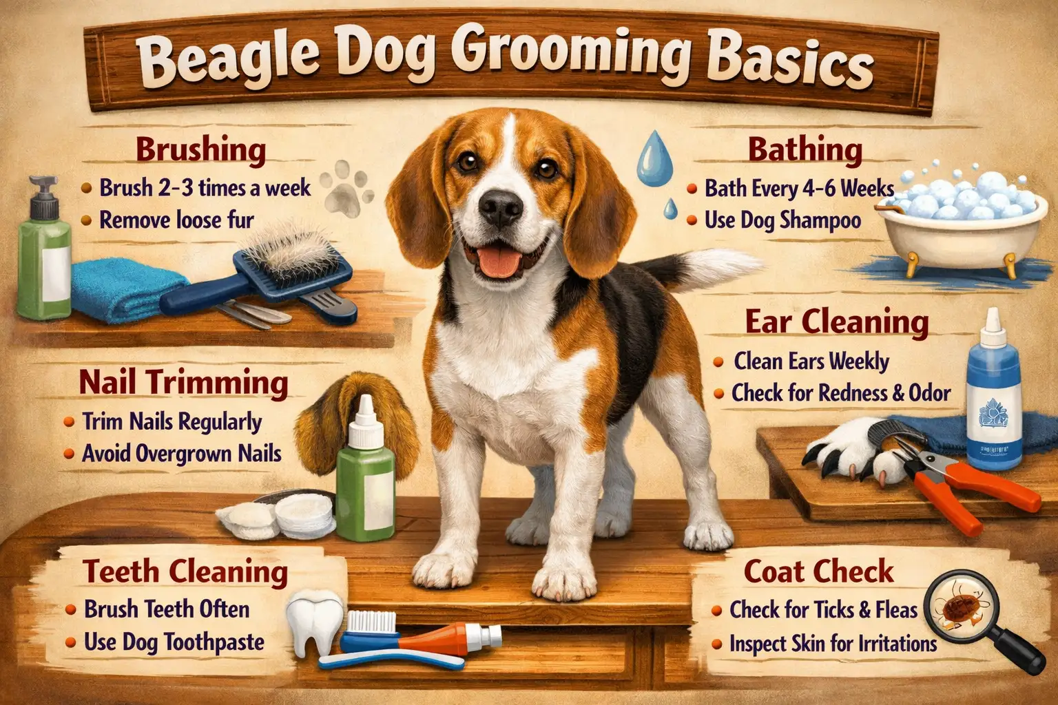 Beagle grooming basics showing a short-haired Beagle being brushed to control shedding and keep the coat healthy