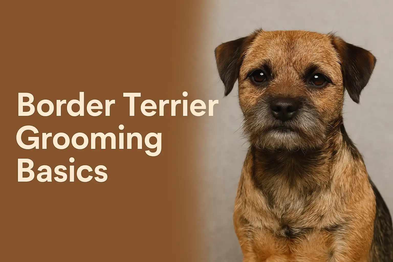 Border Terrier sitting indoors with a wiry double coat, showing natural texture and appearance for grooming reference.
