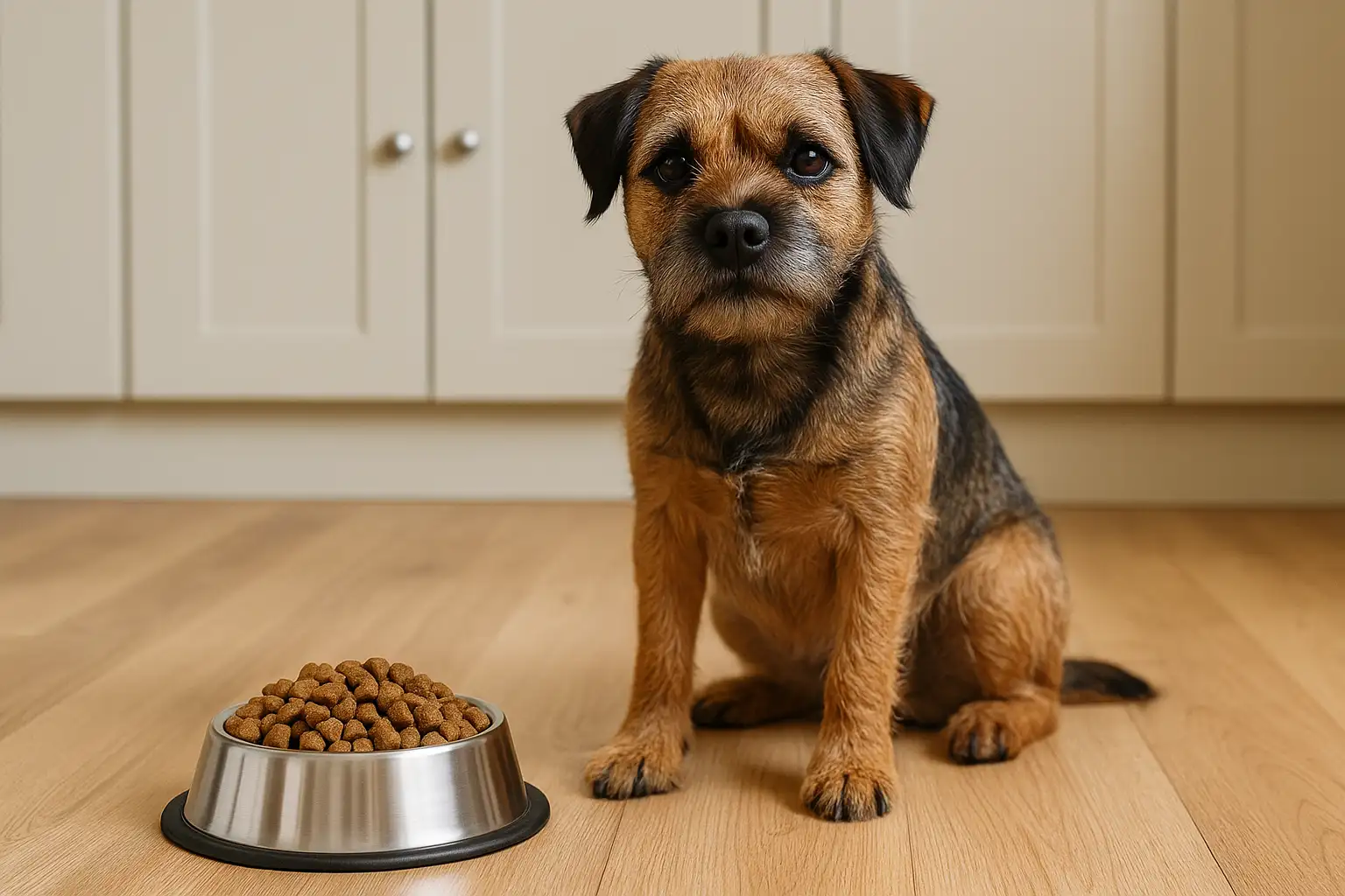 Border Terrier sitting beside a bowl of kibble, showing a healthy diet setup for proper feeding.