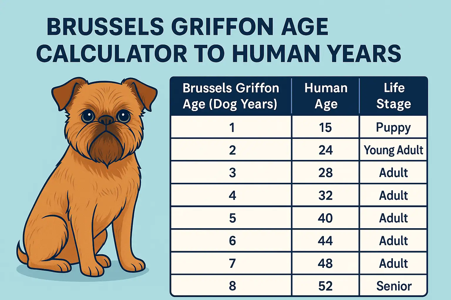 Brussels Griffon age calculator showing dog years to human years with an age chart for a small Brussels Griffon dog