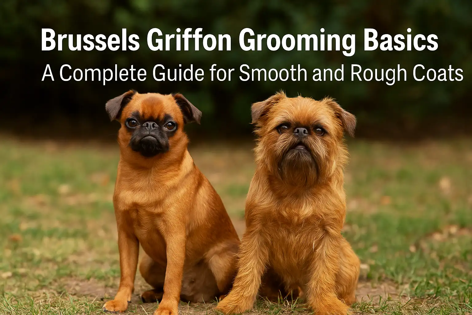 Brussels Griffon grooming example showing a smooth coat and a rough coat dog sitting outdoors with clean, well-maintained fur