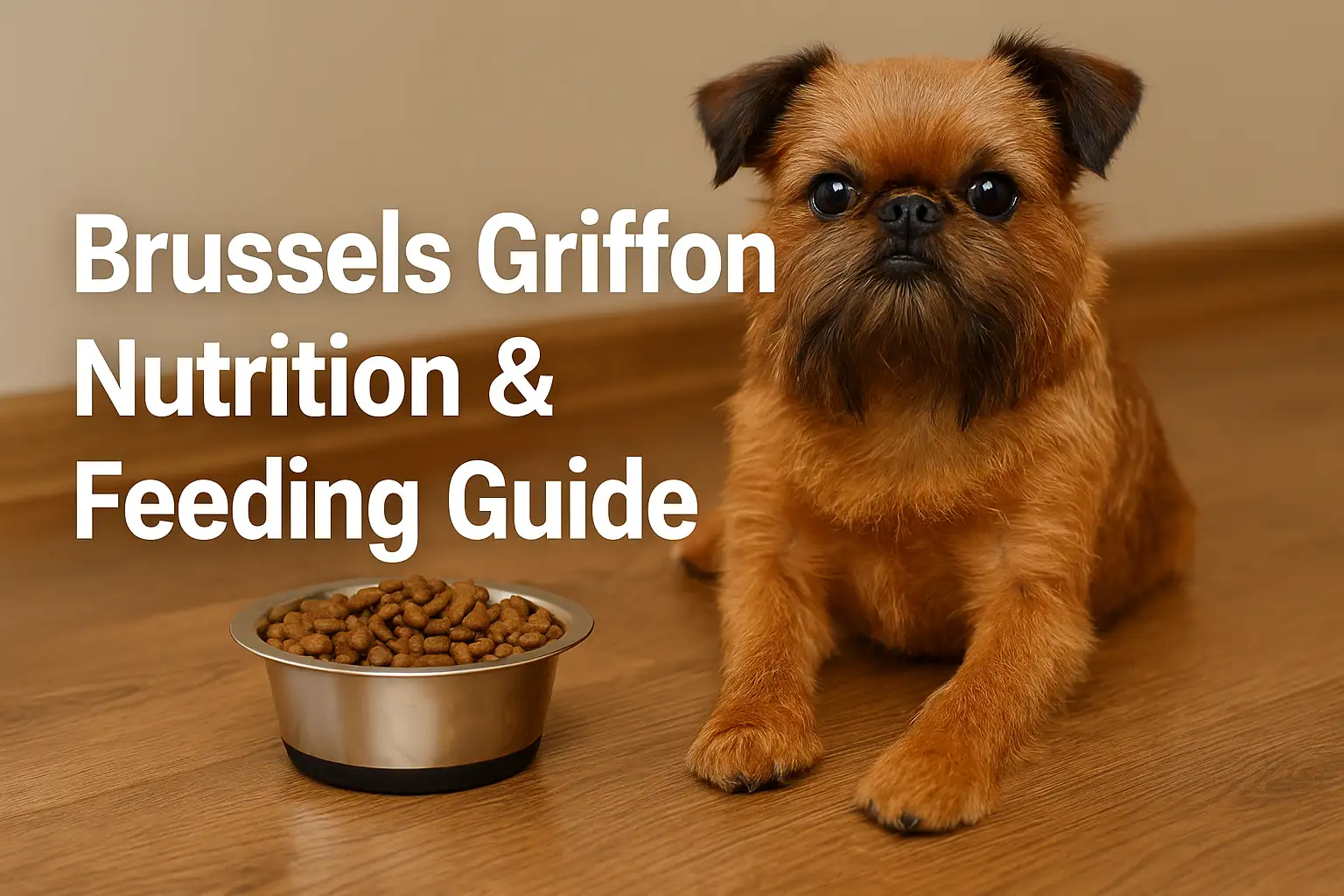 Brussels Griffon dog sitting beside a food bowl, showing proper nutrition and feeding for a small toy breed