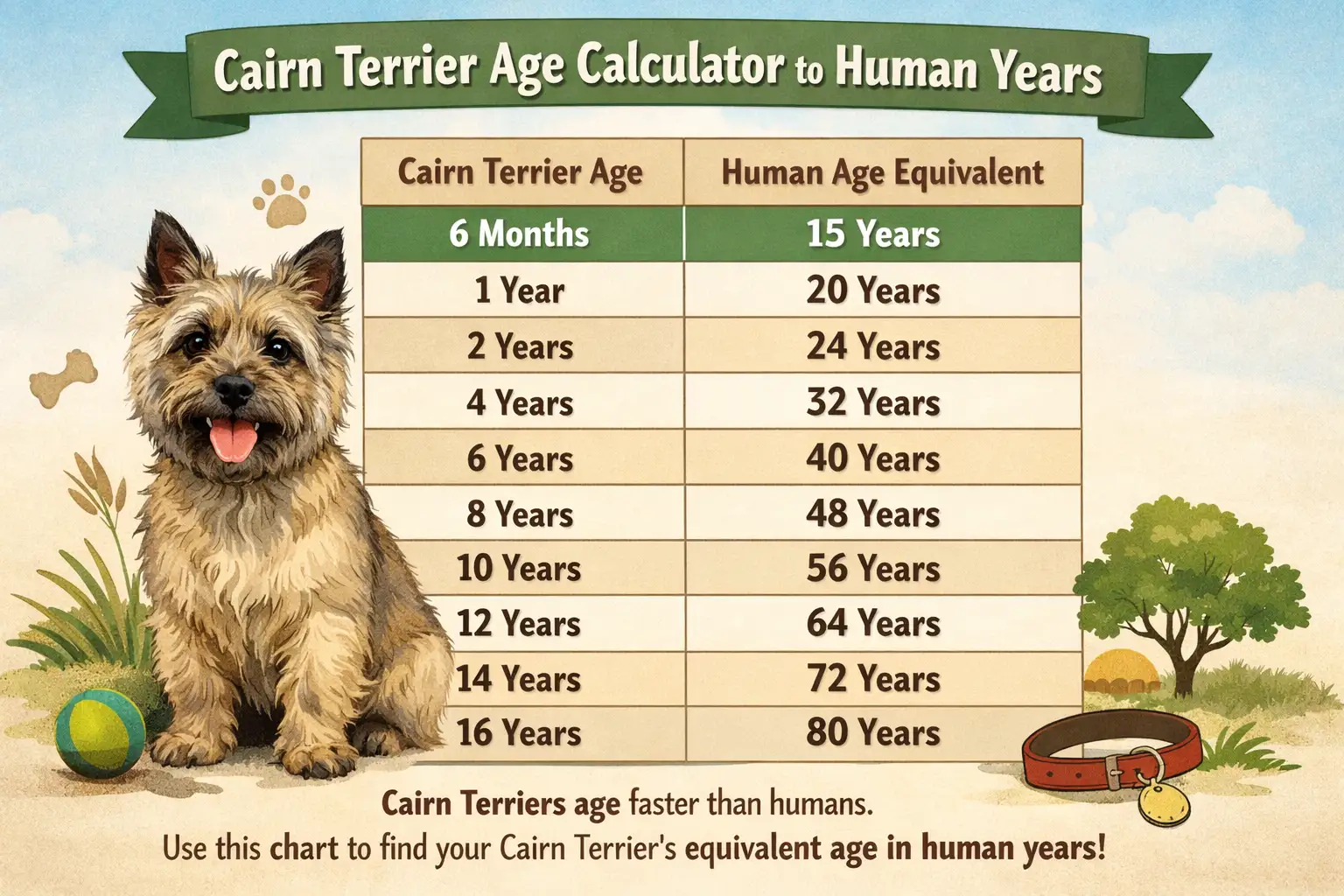 Use our Cairn Terrier age calculator to convert dog years to human years with an easy age chart and life stage guide for %currentyear%.