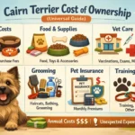 Cairn Terrier cost of ownership showing monthly yearly and lifetime expenses with a small terrier at home with food bowls toys and basic care items
