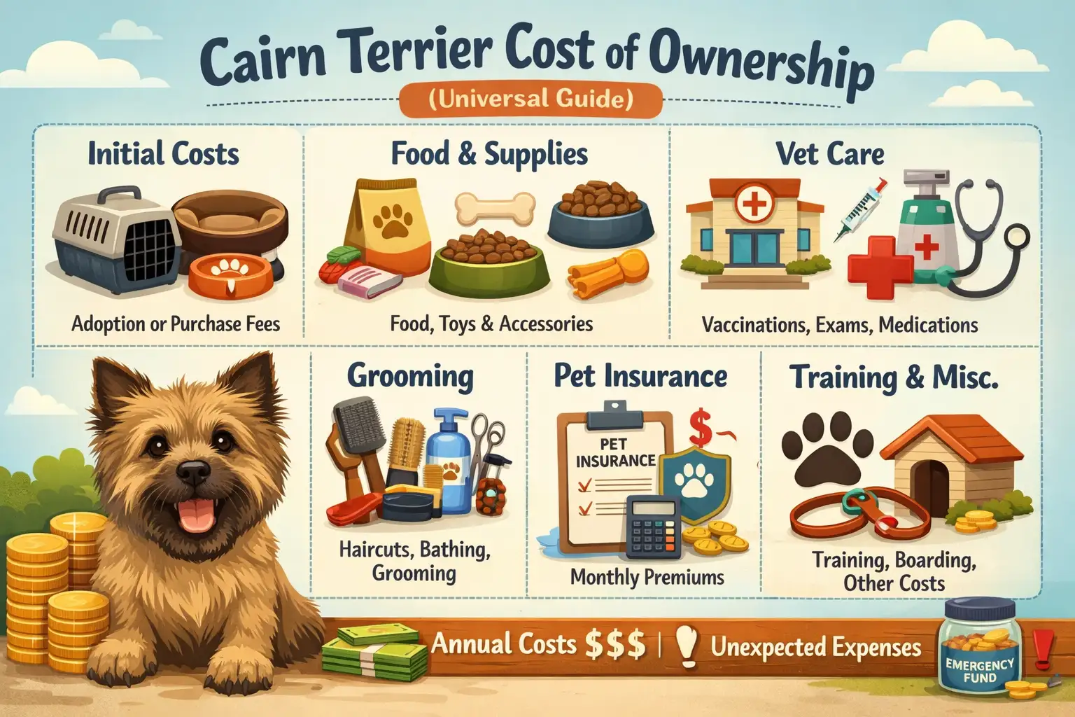 Cairn Terrier cost of ownership showing a small, sturdy terrier with a wiry coat sitting at home with basic care items like food bowls and toys.