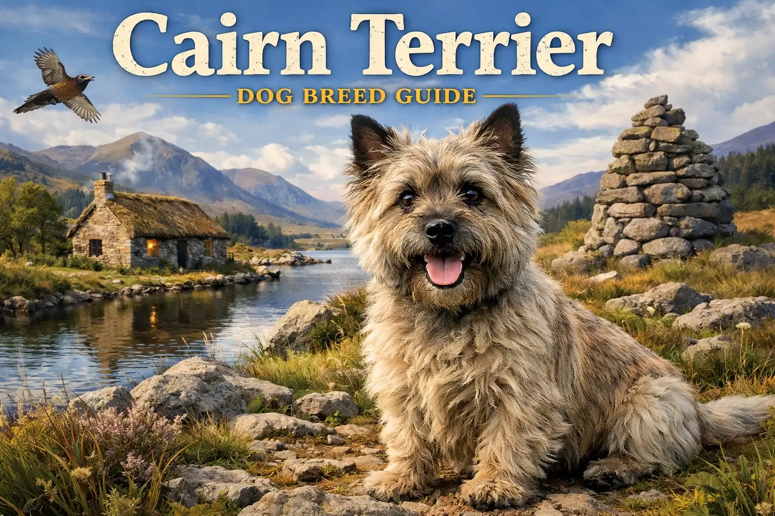 Cairn Terrier standing outdoors showing its small size, rough coat, and alert expression in a natural setting