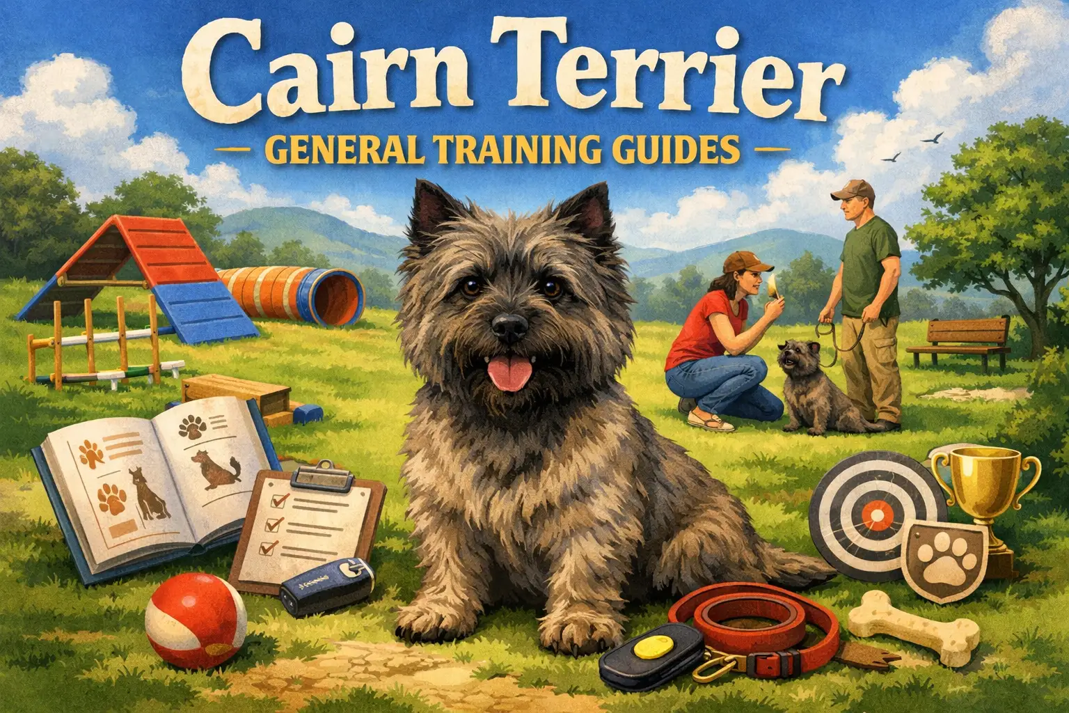 Cairn Terrier training session with a small, sturdy terrier learning basic obedience outdoors