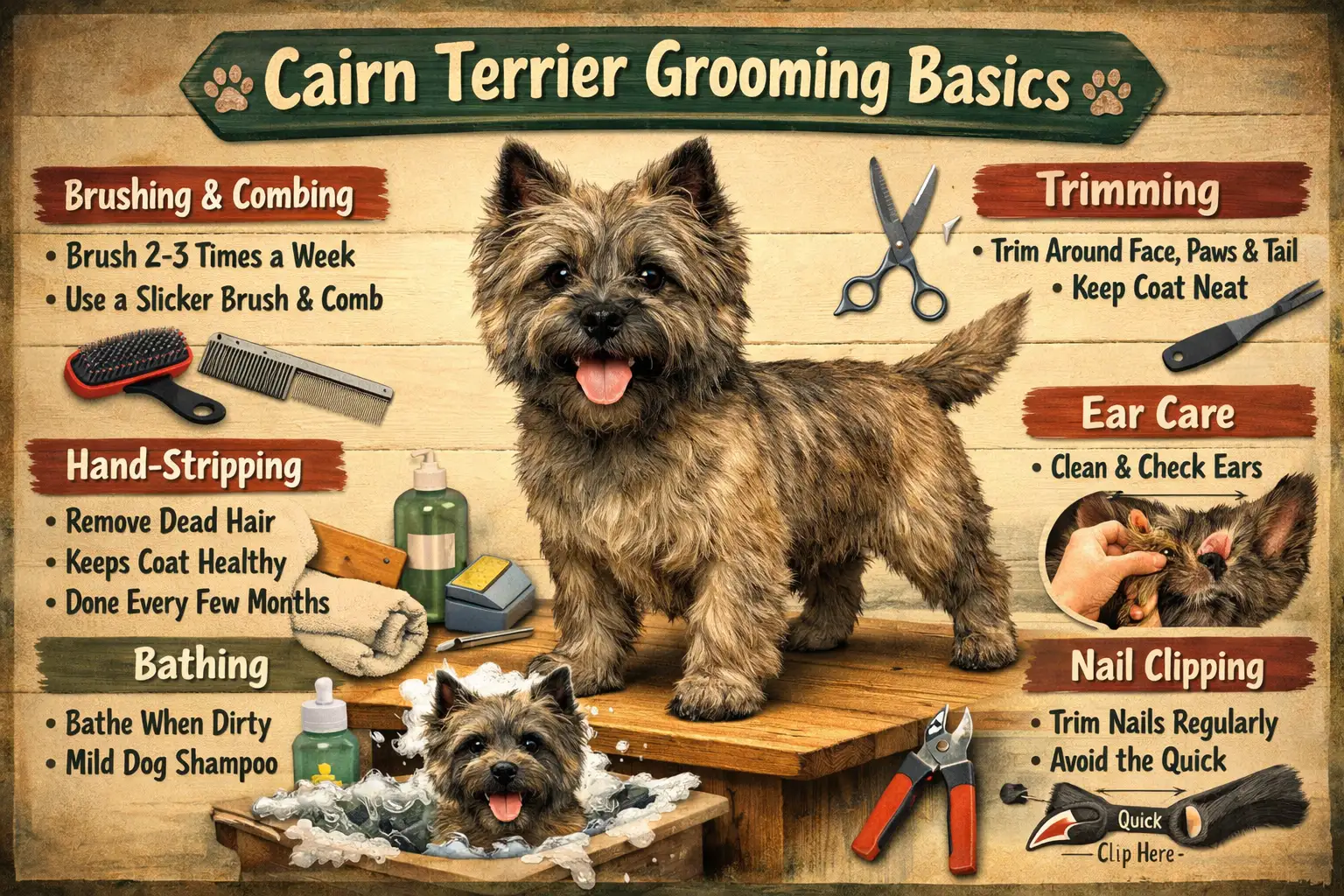 Cairn Terrier grooming showing an adult Cairn Terrier with a wiry double coat being brushed at home