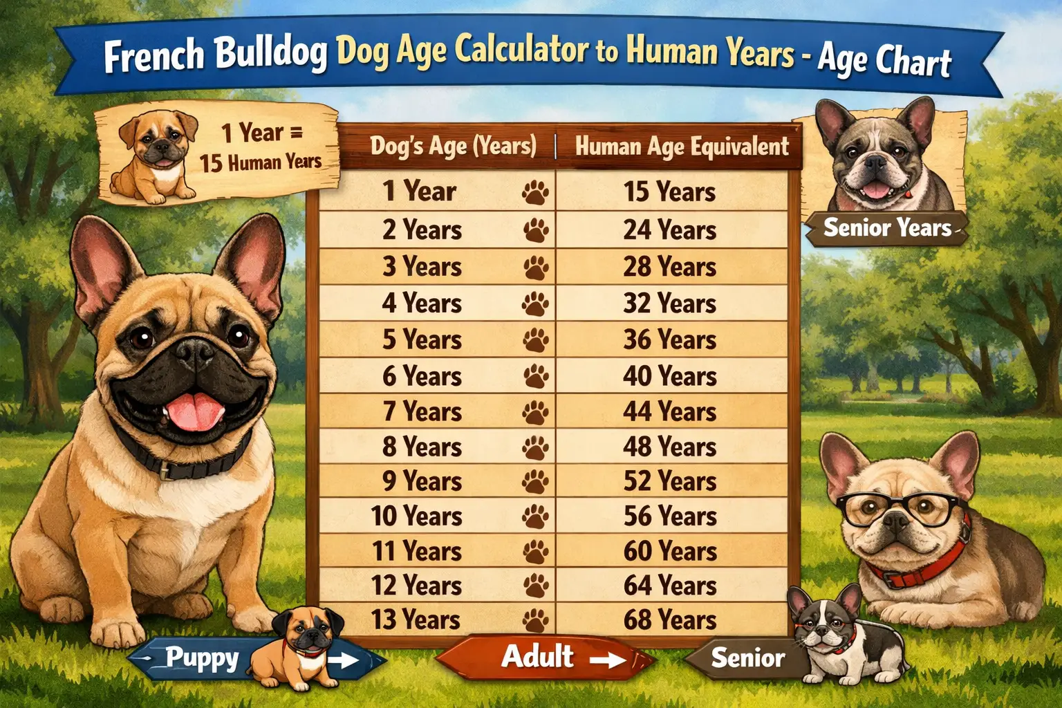 French Bulldog age calculator chart showing dog years converted to human years with life stages