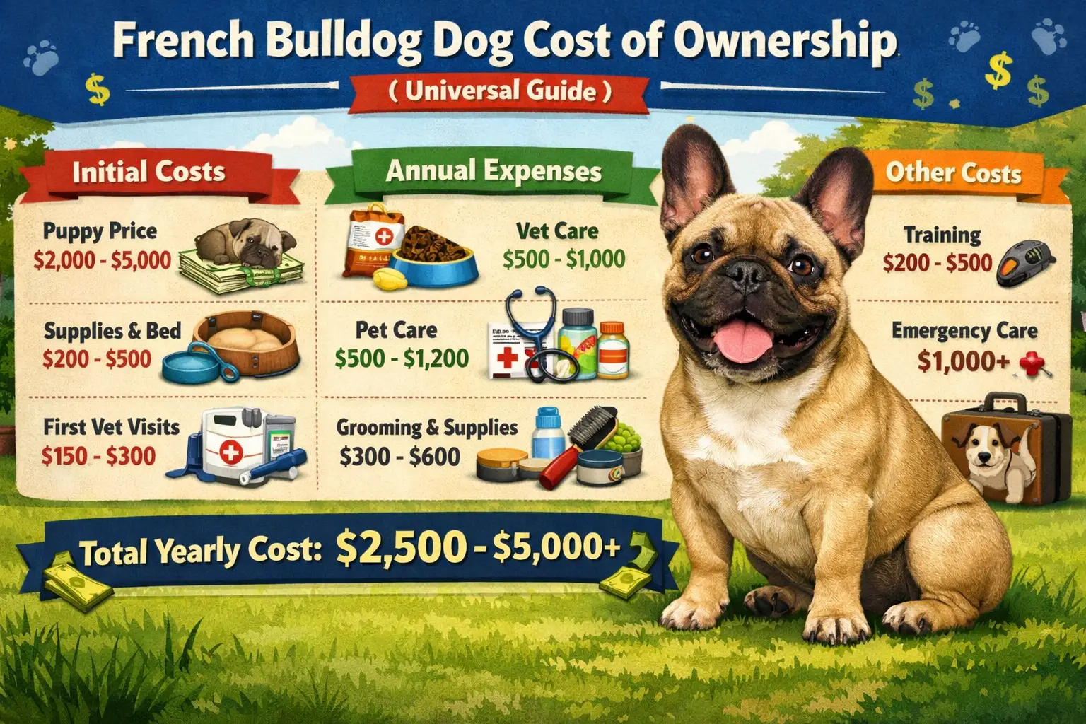 French Bulldog cost of ownership showing an adult Frenchie with a compact body, short coat, and bat ears at home