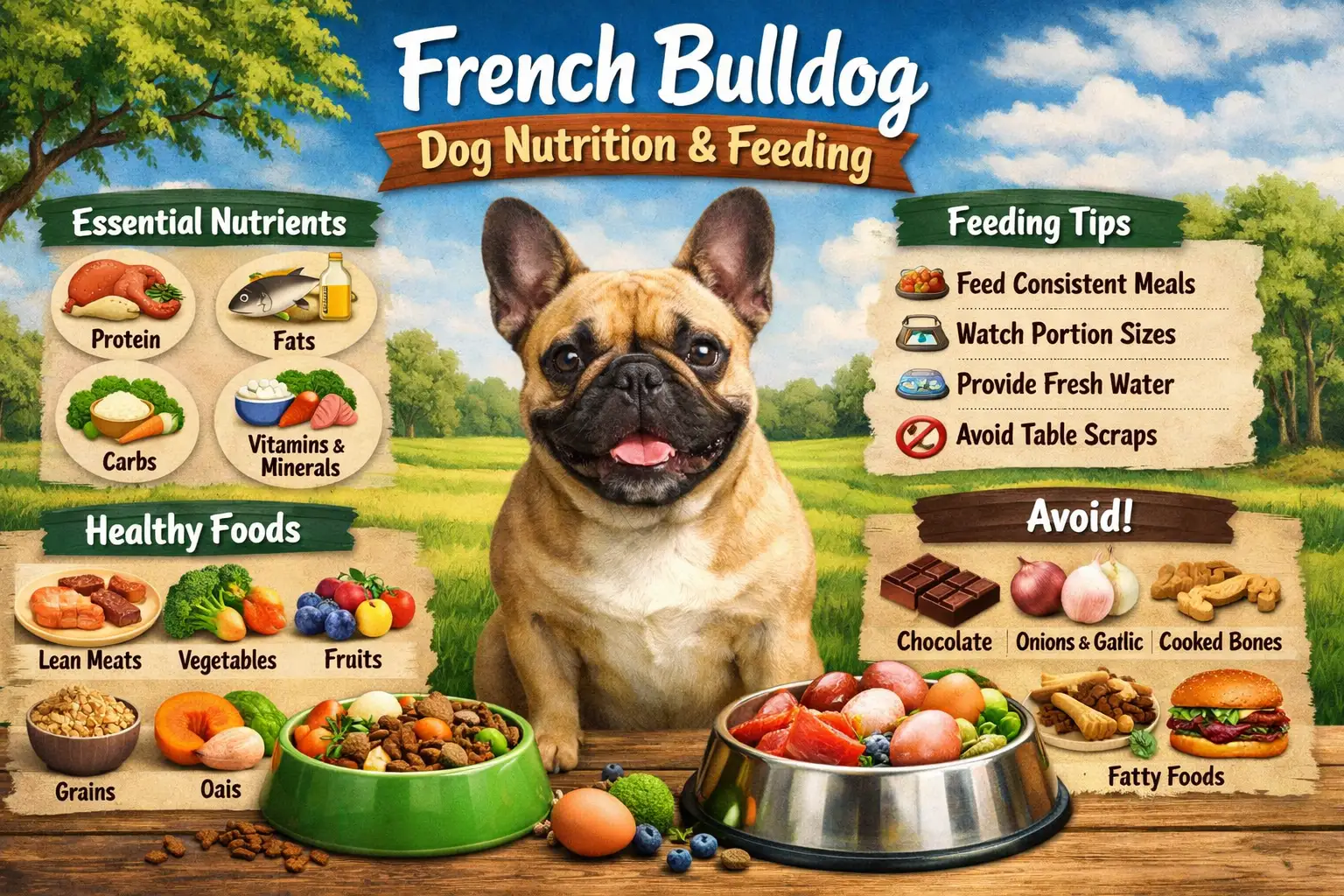 French Bulldog nutrition guide showing an adult French Bulldog eating a balanced meal from a bowl
