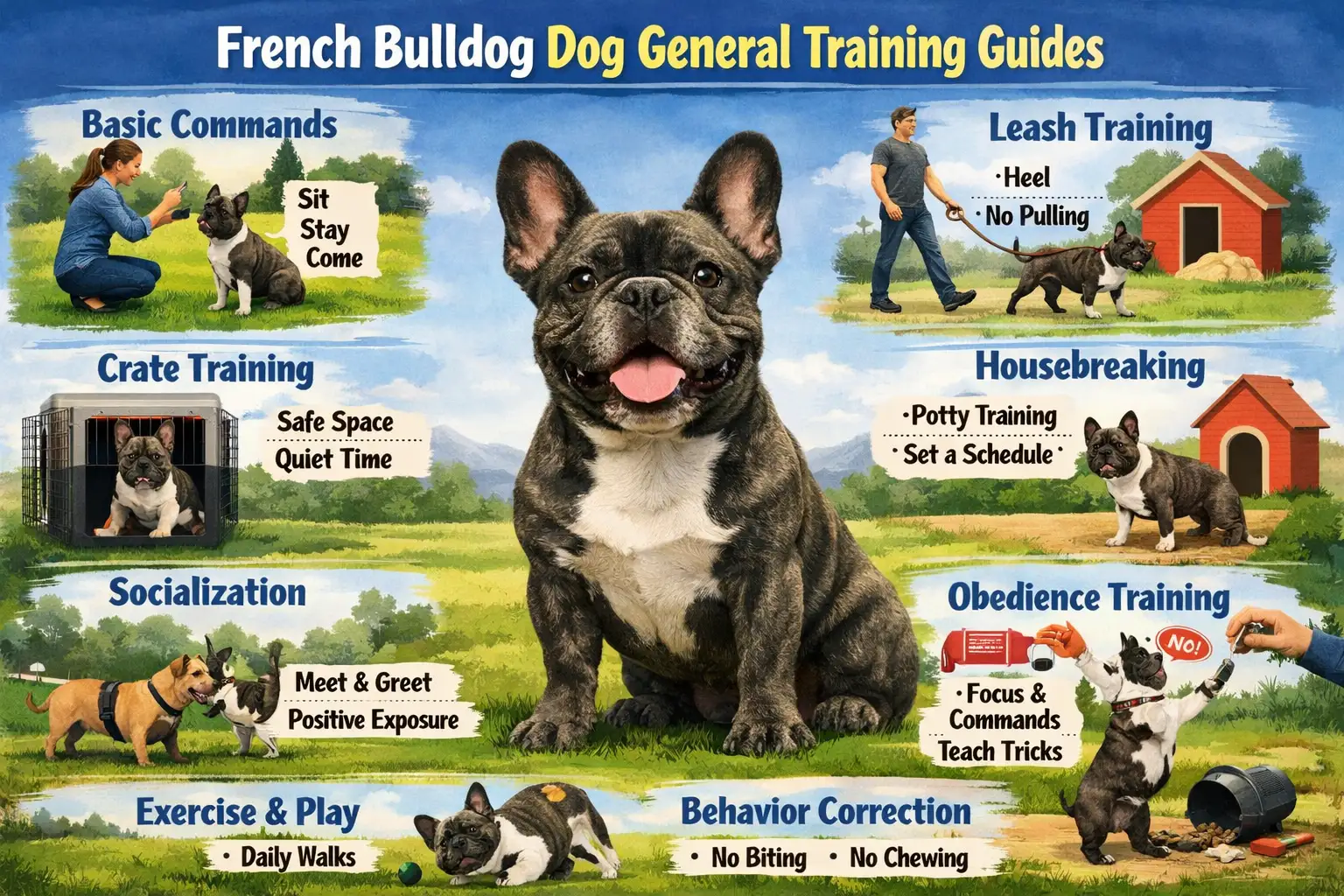 French Bulldog training session showing a small, muscular French Bulldog calmly learning basic commands indoors