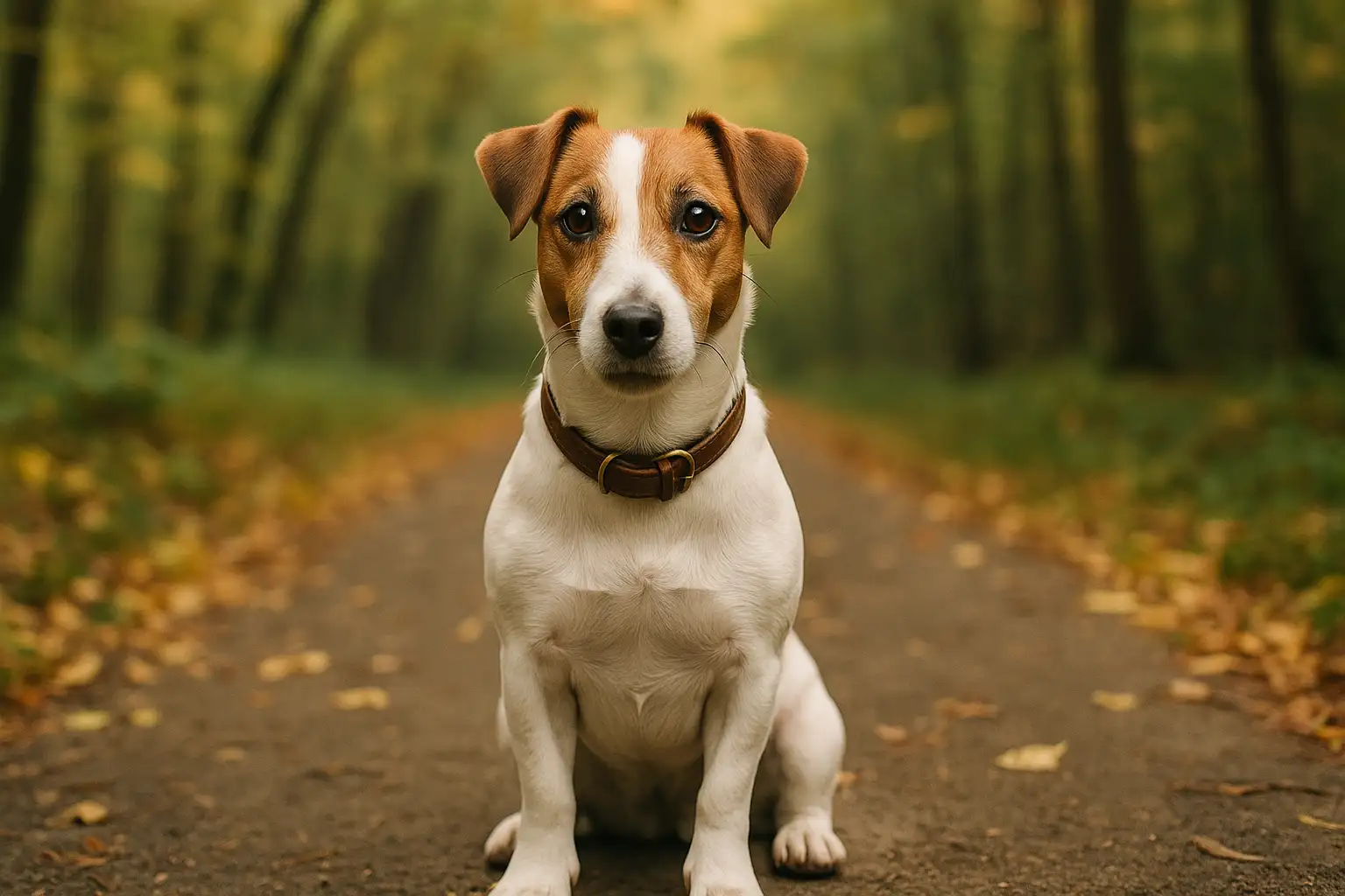 Adult Jack Russell Terrier sitting on a forest path, showing typical white and tan coat, alert expression, and small, athletic build.