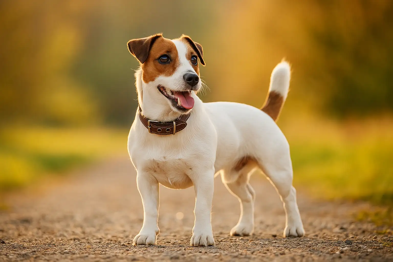 Adult Jack Russell Terrier standing on a path, showing typical size and markings, for a jack russell terrier cost guide.