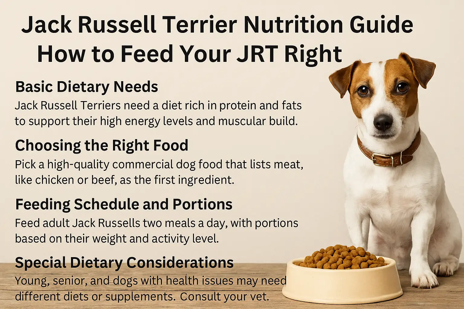 Jack Russell Terrier sitting beside a bowl of dog food, representing proper nutrition and feeding for the breed.
