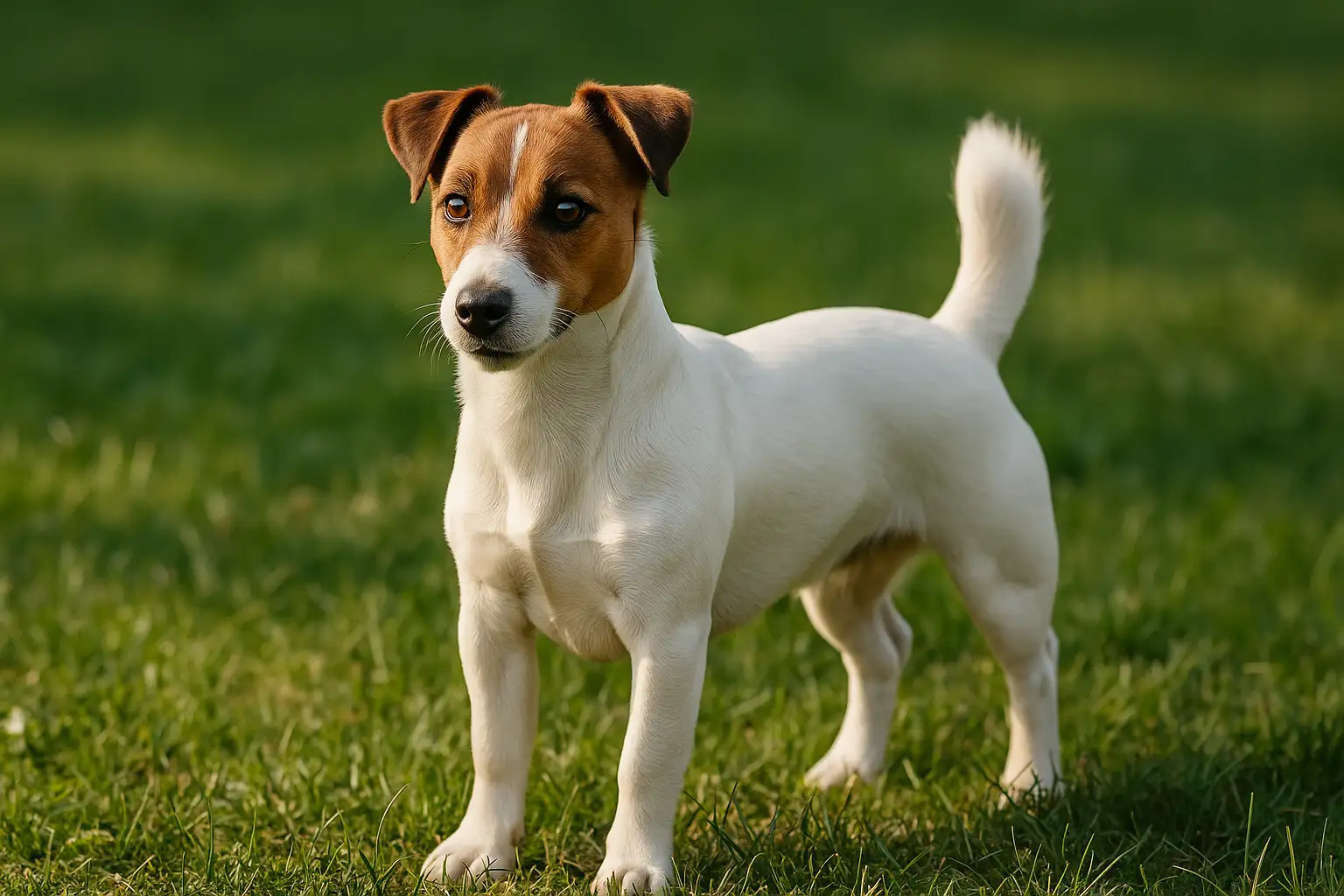 A Jack Russell Terrier standing outdoors, showing its alert expression and energetic posture, used for a jack russell terrier training guide.