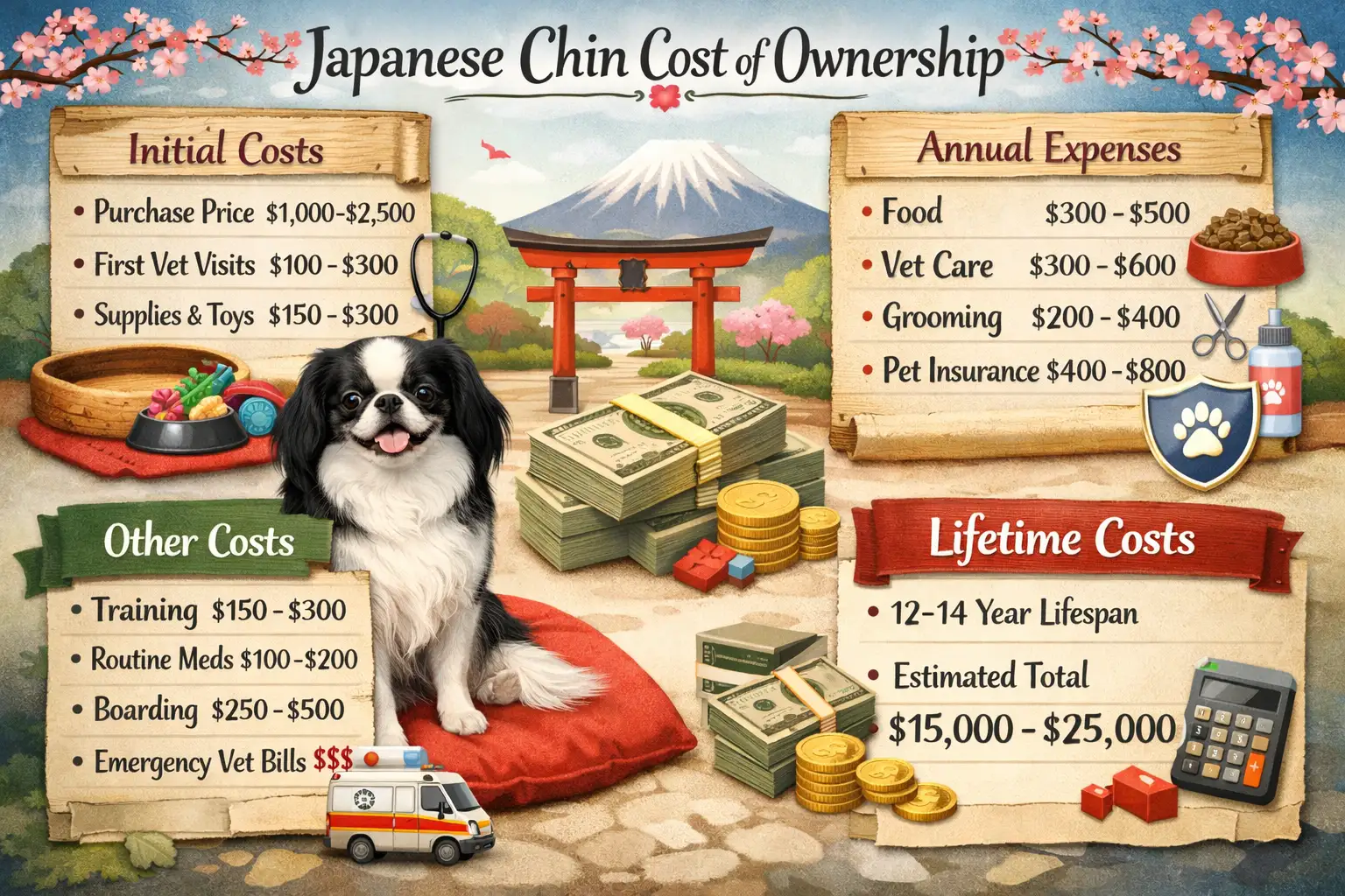 Japanese Chin cost of ownership showing a small, long-coated Japanese Chin sitting calmly indoors