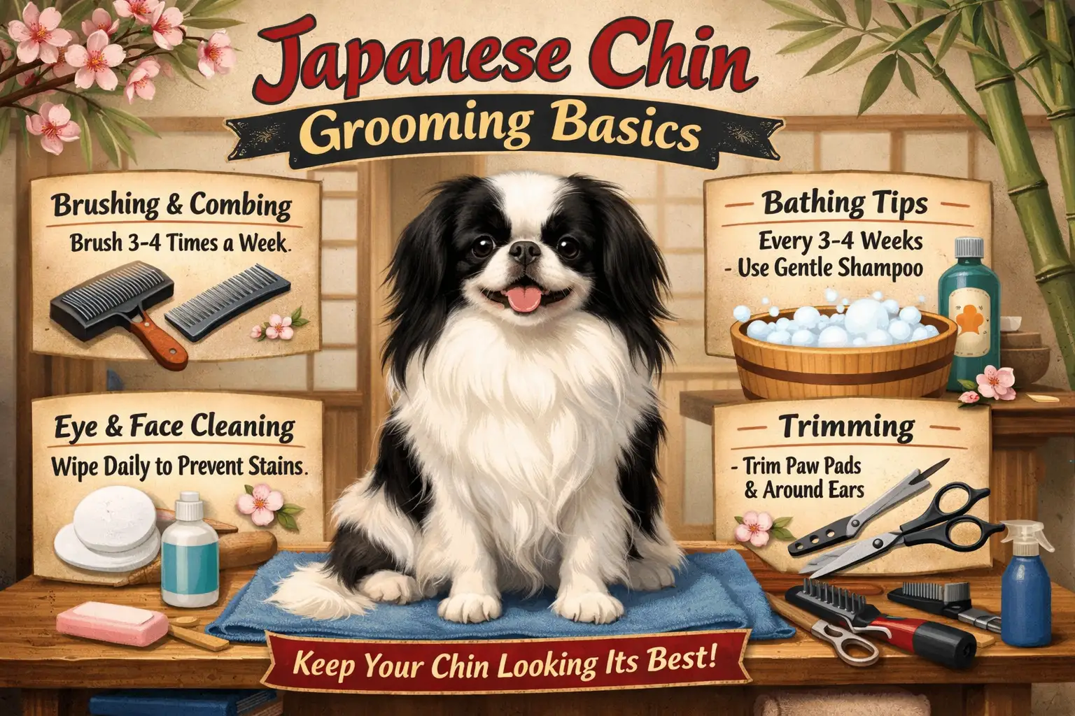 Japanese Chin grooming basics showing an adult Japanese Chin with a silky black and white coat alongside grooming tools for brushing, bathing, nail, ear, and eye care