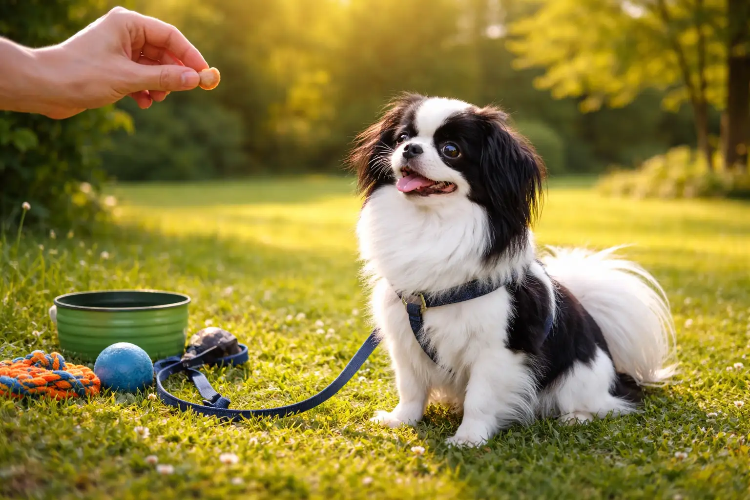 Japanese Chin training session with a small black and white Japanese Chin calmly focusing on its owner indoors