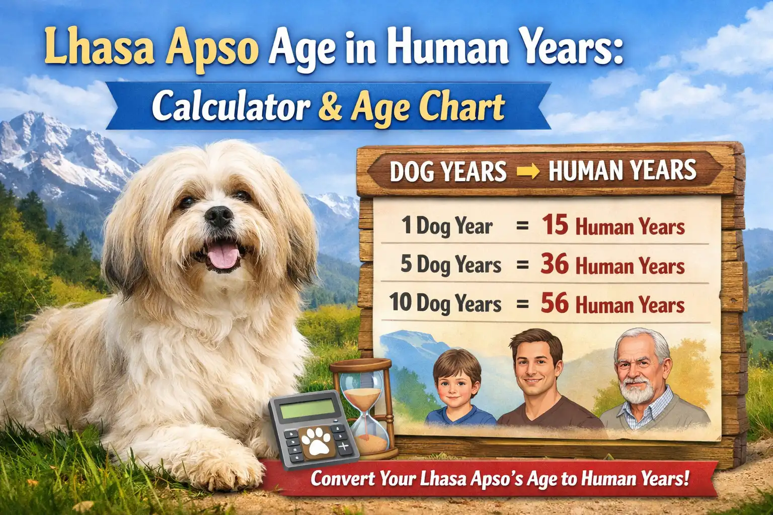 Lhasa apso dog age in human years shown with a small adult dog sitting calmly