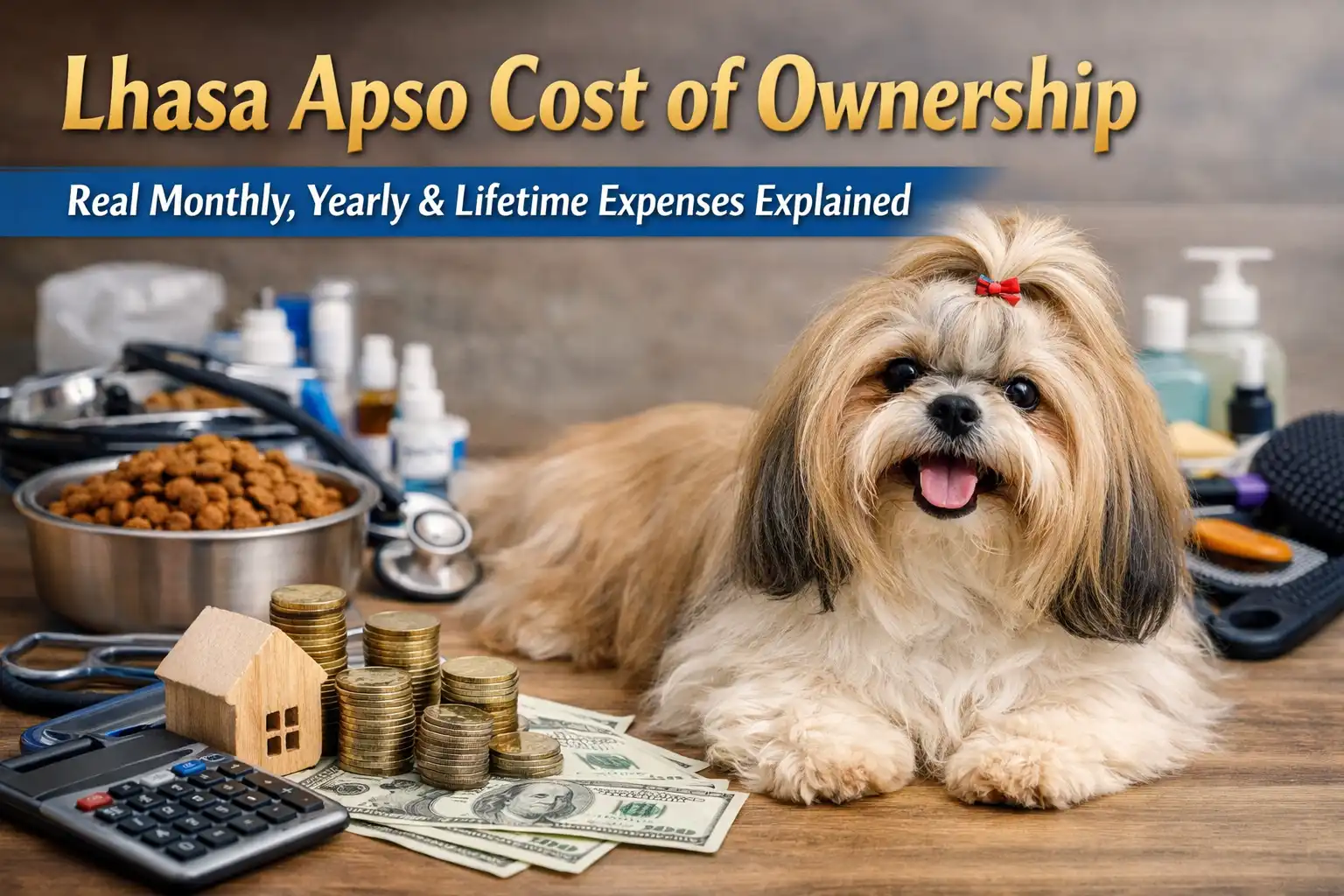 Lhasa apso cost of ownership showing a small long-haired dog with a flowing coat sitting indoors