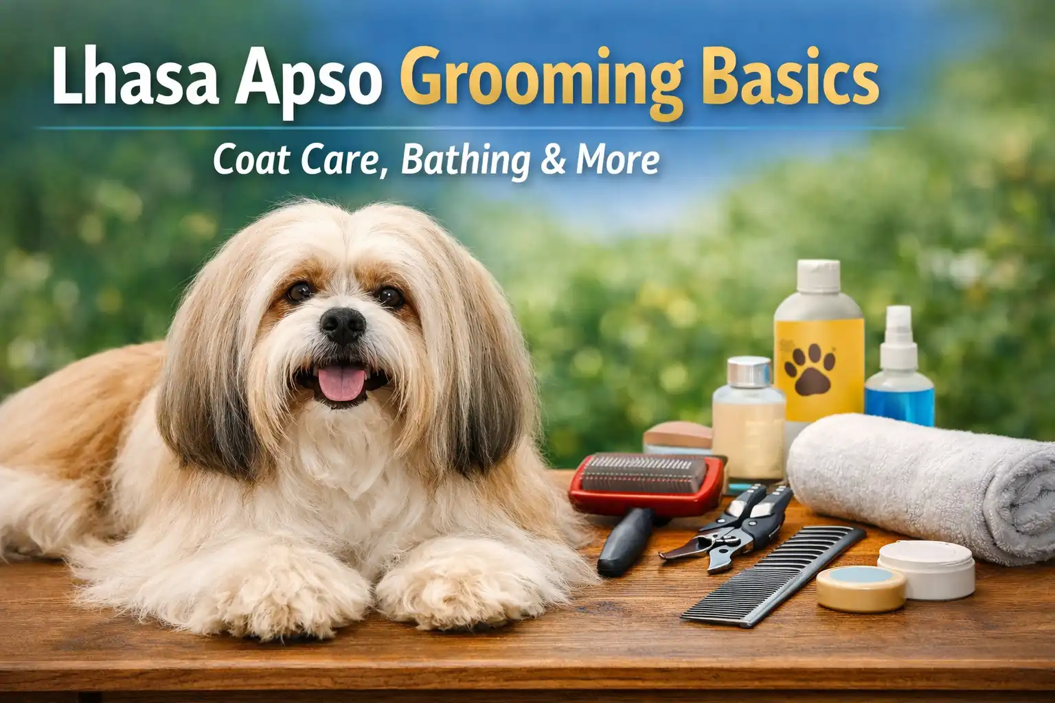 Lhasa apso grooming at home showing long coat brushing on a small dog