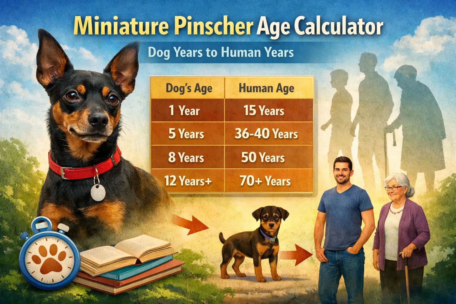 Miniature Pinscher standing outdoors with a dog years to human years age chart, showing how Miniature Pinschers age compared to humans