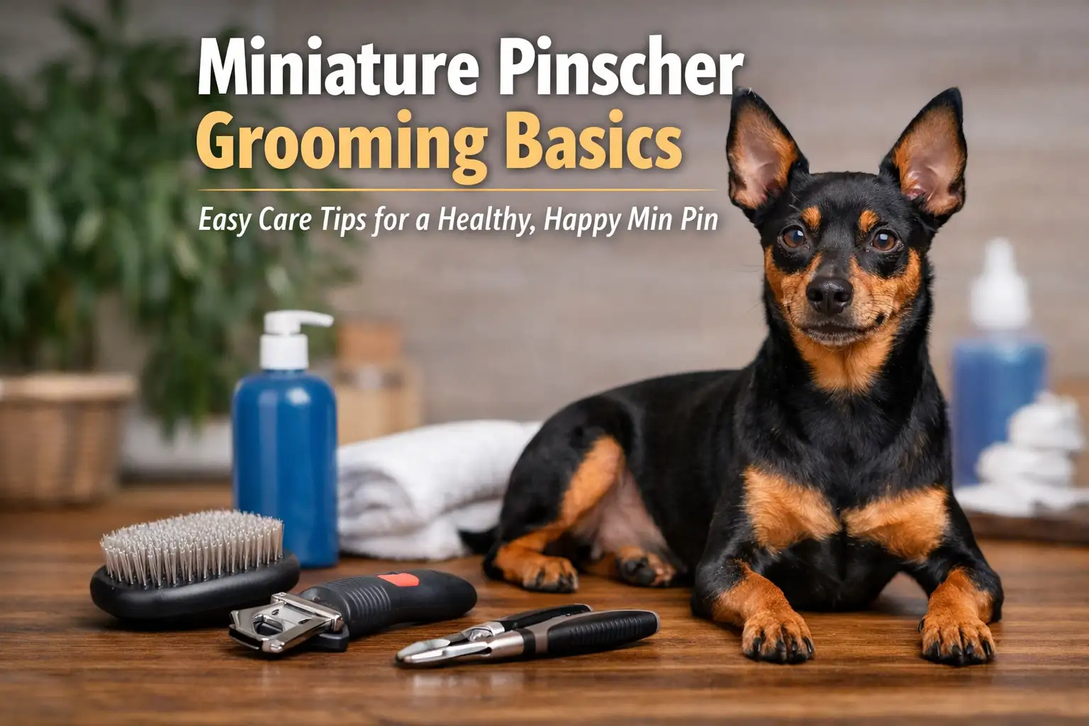 Miniature Pinscher grooming with brush, nail clippers, and shampoo on a table, showing a clean black and tan Miniature Pinscher ready for care.