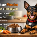 Healthy Miniature Pinscher sitting beside a dog food bowl with fresh ingredients, showing diet and feeding concept