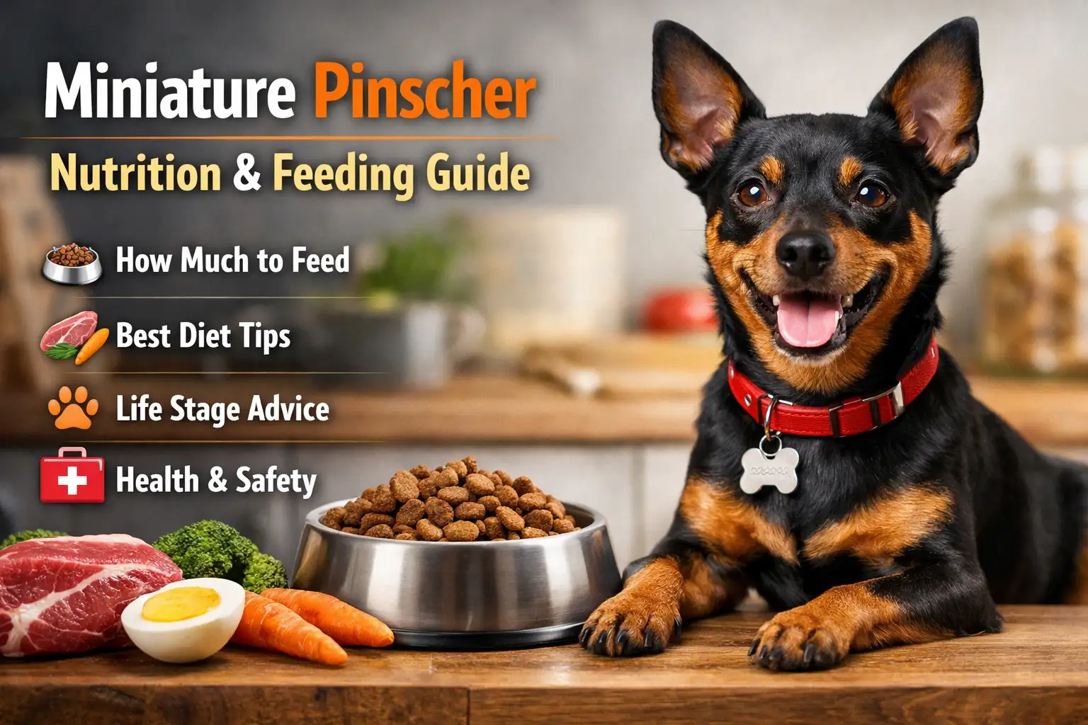 Healthy Miniature Pinscher sitting beside a dog food bowl with fresh ingredients, showing diet and feeding concept