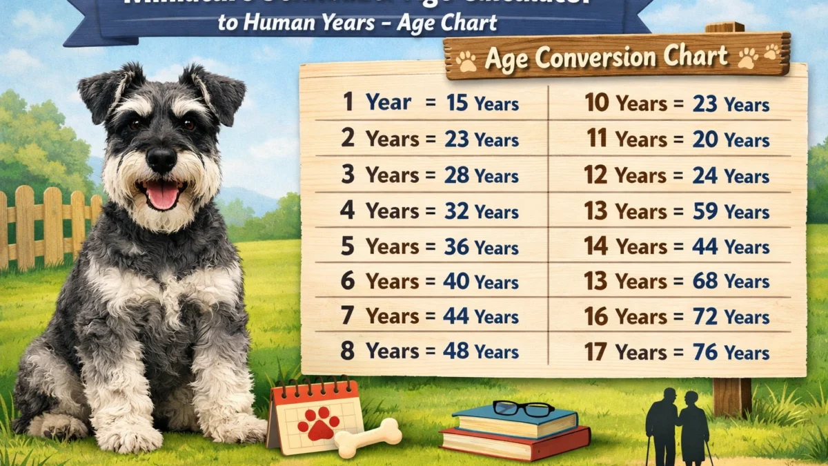 Miniature Schnauzer age calculator showing dog years to human years with an easy age chart