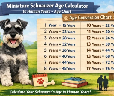 Miniature Schnauzer age calculator showing dog years to human years with an easy age chart