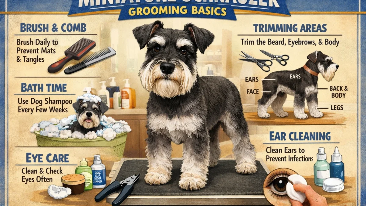 Miniature Schnauzer grooming showing a wiry-coated dog being brushed at home