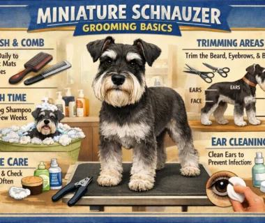 Miniature Schnauzer grooming showing a wiry-coated dog being brushed at home