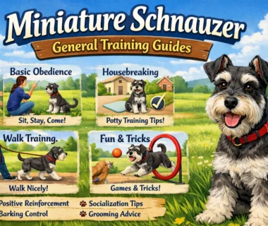 Miniature Schnauzer training session showing an alert adult dog learning basic obedience at home