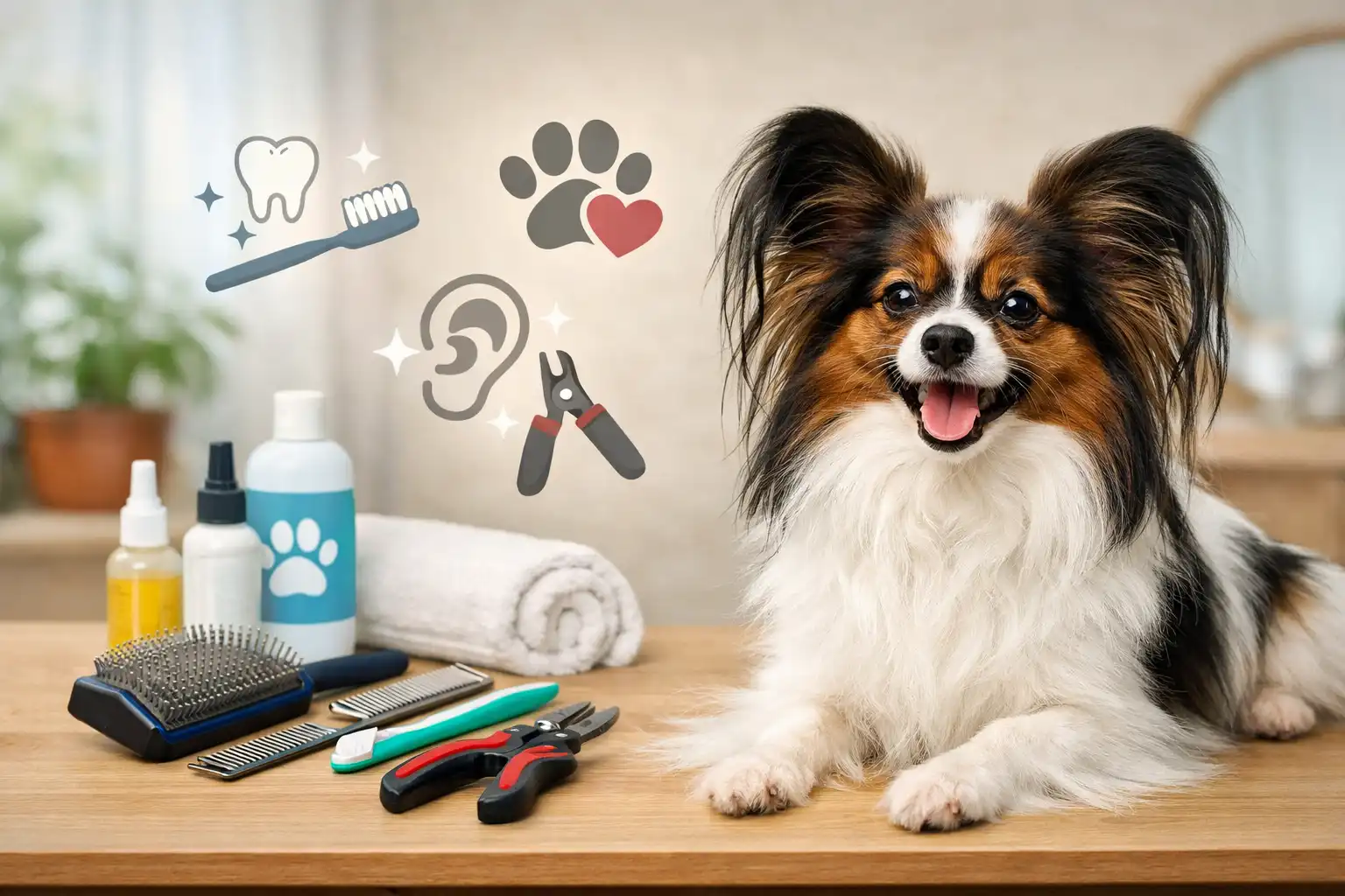 Papillon dog care example showing an adult papillon with silky single coat and butterfly ears during a gentle grooming setup
